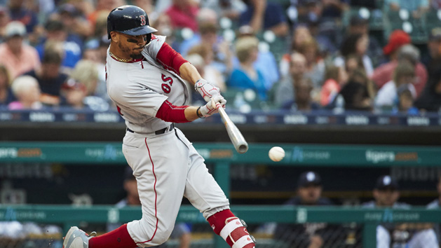 Jul 21, 2018; Detroit, MI, USA; Boston Red Sox right fielder Mookie Betts (50) hits a single in the fifth inning against the Detroit Tigers at Comerica Park. Photo Credit: Rick Osentoski-USA TODAY Sports