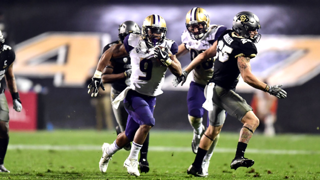 Sep 23, 2017; Boulder, CO, USA; Washington Huskies running back Myles Gaskin (9) carries for a fifty seven yard touchdown in the second half against the Colorado Buffaloes at Folsom Field. Photo Credit: Ron Chenoy-USA TODAY Sports