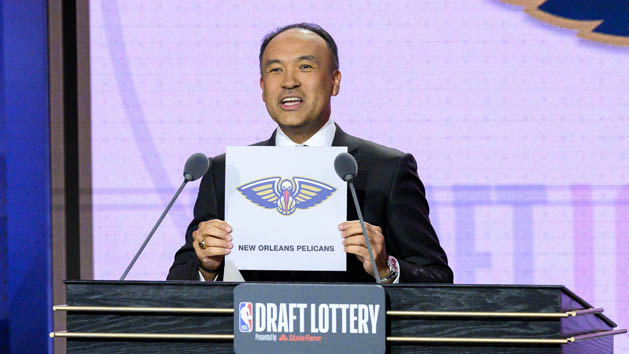 May 14, 2019; Chicago, IL, USA; NBA deputy commissioner Mark Tatum reveals the number one pick for the New Orleans Pelicans during the 2019 NBA Draft Lottery at the Hilton Chicago. Photo Credit: Patrick Gorski-USA TODAY Sports