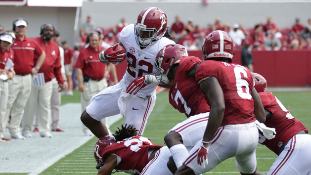 Apr 22, 2017; Tuscaloosa, AL, USA; Alabama Crimson Tide running back Najee Harris (22) carries the ball for the white team during the A-day game at Bryant Denny Stadium. Photo Credit: Marvin Gentry-USA TODAY Sports