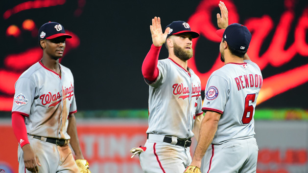 May 29, 2018; Baltimore, MD, USA; Washington Nationals outfielder Bryce Harper (34) high fives third baseman Anthony Rendon (6) after beating the Baltimore Orioles 3-2 at Oriole Park at Camden Yards. Photo Credit: Evan Habeeb-USA TODAY Sports