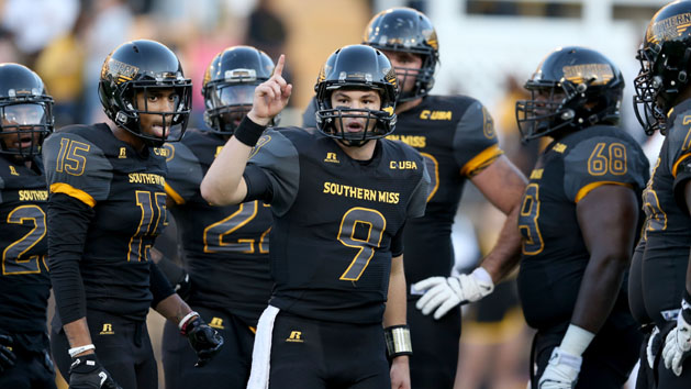 Nov 25, 2016; Hattiesburg, MS, USA; Southern Miss Golden Eagles quarterback Nick Mullens (9) gestures during their game against the Louisiana Tech Bulldogs in the second quarter at M.M. Roberts Stadium. Photo Credit: Chuck Cook-USA TODAY Sports