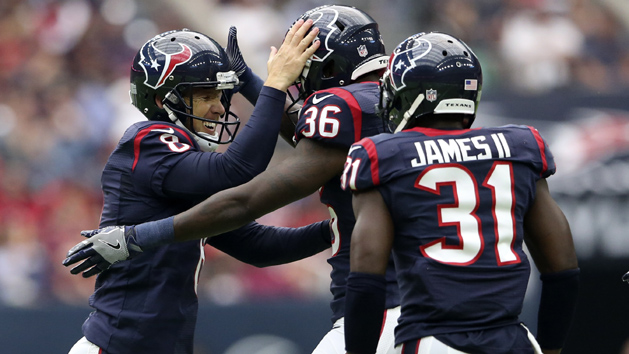 Oct 2, 2016; Houston, TX, USA; Houston Texans kicker Nick Novak (8) celebrates withsafety K.J. Dillon (36) and defensive back Charles James (31) after making a field goal during the first half against the Tennessee Titans at NRG Stadium. Photo Credit: Kevin Jairaj-USA TODAY Sports