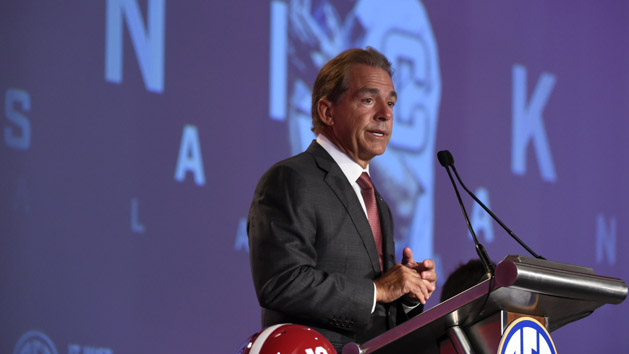 Nov 12, 2016; Tuscaloosa, AL, USA; Alabama Crimson Tide head coach Nick Saban brings his team onto the field prior to the playing Mississippi State Bulldogs at Bryant-Denny Stadium. Photo Credit: Marvin Gentry-USA TODAY Sports
