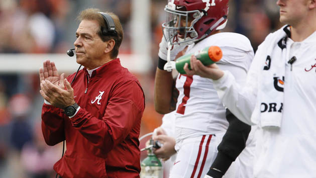 Dec 3, 2016; Atlanta, GA, USA; Alabama Crimson Tide head coach Nick Saban speaks to quarterback Jalen Hurts (2) prior to the SEC Championship college football game against the Florida Gators at Georgia Dome. Photo Credit: Jason Getz-USA TODAY Sports