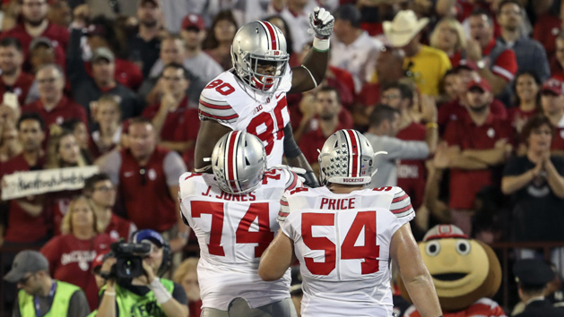 Sep 17, 2016; Norman, OK, USA; Ohio State Buckeyes wide receiver Noah Brown (80) celebrates with offensive lineman Jamarco Jones (74) and offensive lineman Billy Price (54) after scoring a touchdown against the Oklahoma Sooners during the first half at Gaylord Family - Oklahoma Memorial Stadium. Photo Credit: Kevin Jairaj-USA TODAY Sports