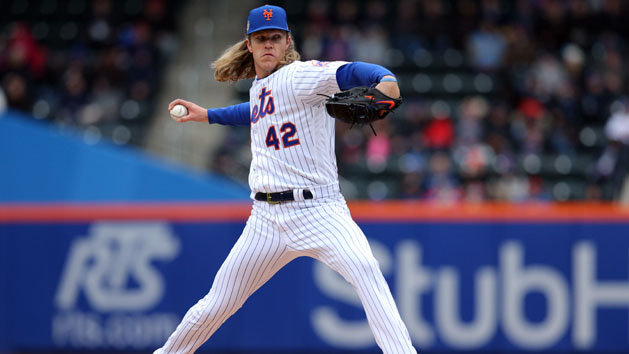 Apr 15, 2018; New York City, NY, USA; New York Mets starting pitcher Noah Syndergaard pitches against the Milwaukee Brewers during the first inning at Citi Field. Photo Credit: Brad Penner-USA TODAY Sports