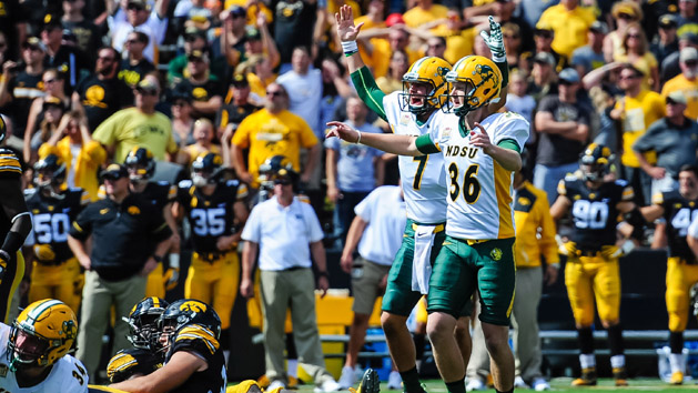 Sep 17, 2016; Iowa City, IA, USA; North Dakota State Bison place-kicker Cam Pedersen (36) celebrates with placeholder Cole Davis (7) after kicking the game winning field goal on the final play of the fourth quarter against the Iowa Hawkeyes at Kinnick Stadium. North Dakota State won 23-21. Photo Credit: Jeffrey Becker-USA TODAY Sports