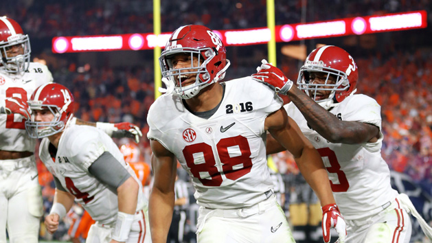 Jan 11, 2016; Glendale, AZ, USA; Alabama Crimson Tide tight end O.J. Howard (88) celebrates a touchdown with wide receiver Calvin Ridley (3) against the Clemson Tigers in the 2016 CFP National Championship at University of Phoenix Stadium. Photo Credit: Mark J. Rebilas-USA TODAY Sports