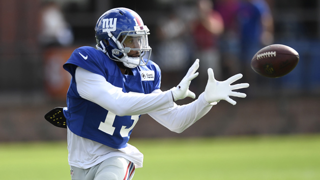 Oct 8, 2017; East Rutherford, NJ, USA; New York Giants wide receiver Odell Beckham Jr. (13) can't hang onto a 4th quarter pass and injured himself on the play. He left the game on a cart at MetLife Stadium. Photo Credit: Robert Deutsch-USA TODAY Sports