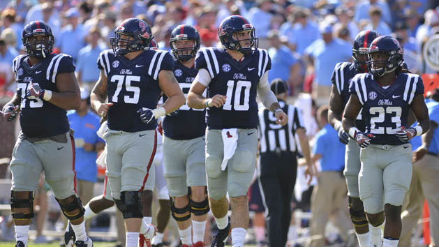 Sep 17, 2016; Oxford, MS, USA; Mississippi Rebels quarterback Chad Kelly (10) leads the offense onto the field during the second quarter of the game against the Alabama Crimson Tide at Vaught-Hemingway Stadium. Alabama won 48-43. Photo Credit: Matt Bush-USA TODAY Sports