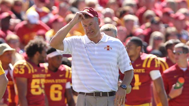 Sep 6, 2014; Ames, IA, USA; The Iowa State Cyclones head coach Paul Rhodes reacts early in the game against the Kansas State Wildcats at at Jack Trice Stadium. Mandatory Credit: Reese Strickland-USA TODAY Sports