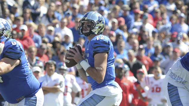 Oct 17, 2015; Memphis, TN, USA; Memphis Tigers quarterback Paxton Lynch (12) during the game against the Mississippi Rebels at Liberty Bowl Memorial Stadium. Mandatory Credit: Justin Ford-USA TODAY Sports