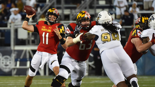 Sep 9, 2016; Miami, FL, USA; Maryland Terrapins quarterback Perry Hills (11) attempts a pass against the FIU Golden Panthers during the first half at FIU Stadium. Mandatory Credit: Jasen Vinlove-USA TODAY Sports