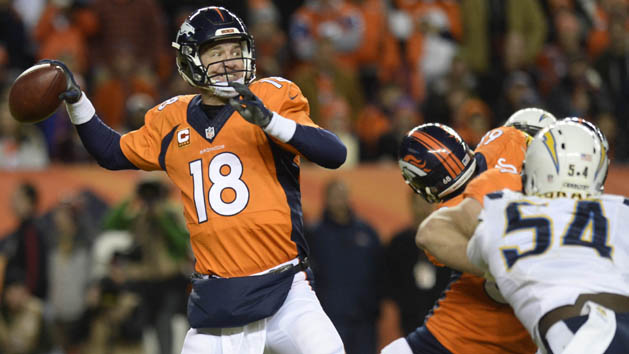 Jan 3, 2016; Denver, CO, USA; Denver Broncos quarterback Peyton Manning (18) prepares to pass in the fourth quarter against the San Diego Chargers at Sports Authority Field at Mile High. The Broncos defeated the Chargers 27-20. Photo Credit: Ron Chenoy-USA TODAY Sports