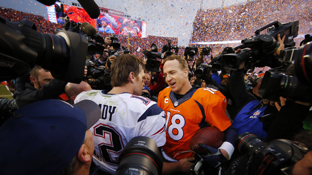 Jan 24, 2016; Denver, CO, USA; Denver Broncos quarterback Peyton Manning (18) greets New England Patriots quarterback Tom Brady (12) after the AFC Championship football game at Sports Authority Field at Mile High. Mandatory Credit: Kevin Jairaj-USA TODAY Sports
