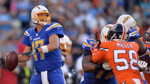 Oct 9, 2016; Oakland, CA, USA; San Diego Chargers quarterback Philip Rivers (17) prepares to throw a pass against the Oakland Raiders in the first quarter at Oakland Coliseum. Photo Credit: Cary Edmondson-USA TODAY Sports