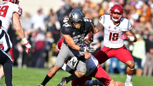 Nov 19, 2016; Boulder, CO, USA; Washington State Cougars linebacker Peyton Pelluer (47) tackles Colorado Buffaloes running back Phillip Lindsay (23) in the first quarter against the Washington State Cougars at Folsom Field. Photo Credit: Ron Chenoy-USA TODAY Sports