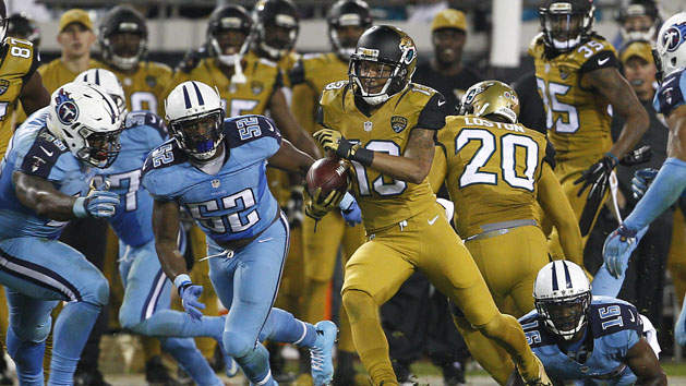 Nov 19, 2015; Jacksonville, FL, USA; Jacksonville Jaguars kick returner Rashad Greene (13) returns a 66 yard punt to the 6 yard line during the second half of a football game against the Tennessee Titans at EverBank Field. The Jaguars won 19-13. Mandatory Credit: Reinhold Matay-USA TODAY Sports