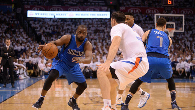 Apr 18, 2016; Oklahoma City, OK, USA; Dallas Mavericks guard Raymond Felton (2) drives to the basket in front of Oklahoma City Thunder forward Nick Collison (4) during the first quarter in game two of the first round of the NBA Playoffs at Chesapeake Energy Arena. Mandatory Credit: Mark D. Smith-USA TODAY Sports