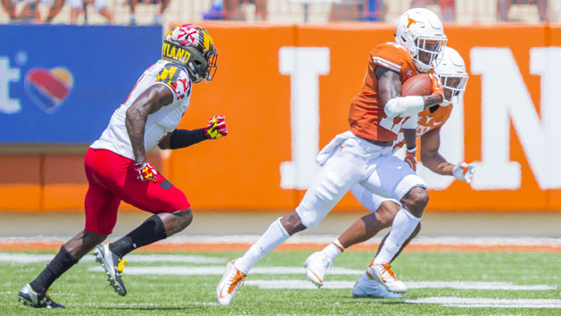 Sep 2, 2017; Austin, TX, USA; Texas Longhorns wide receiver Reggie Hemphill-Mapps (17) carries the ball for a first down against the Maryland Terrapins at Darrell K Royal-Texas Memorial Stadium. Photo Credit: John Gutierrez-USA TODAY Sports