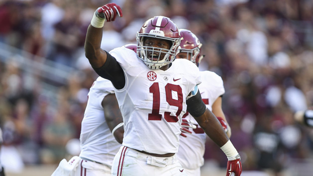 Oct 17, 2015; College Station, TX, USA; Alabama Crimson Tide linebacker Reggie Ragland (19) reacts after a play during the third quarter against the Texas A&M Aggies at Kyle Field. The Crimson Tide defeated the Aggies 41-23. Mandatory Credit: Troy Taormina-USA TODAY Sports