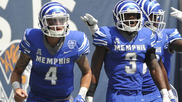 Sep 16, 2017; Memphis, TN, USA; Memphis Tigers quarterback Riley Ferguson (4) and Memphis Tigers wide receiver Anthony Miller (3) react after a touchdown play against the UCLA Bruins at Liberty Bowl Memorial Stadium. Photo Credit: Justin Ford-USA TODAY Sports