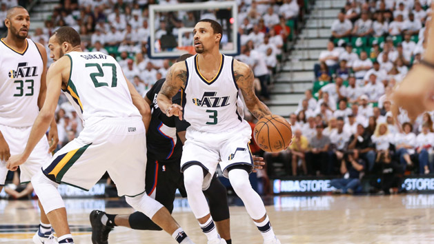 Apr 23, 2017; Salt Lake City, UT, USA; Utah Jazz guard George Hill (3) uses a pick set by Utah Jazz center Rudy Gobert (27) to get away from LA Clippers guard Raymond Felton (2) during the second quarter in game four of the first round of the 2017 NBA Playoffs at Vivint Smart Home Arena. Photo Credit: Chris Nicoll-USA TODAY Sports