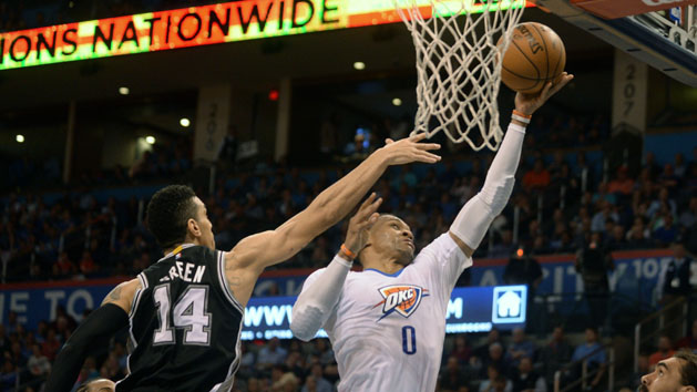 Mar 9, 2017; Oklahoma City, OK, USA; Oklahoma City Thunder guard Russell Westbrook (0) shoots the ball in front of San Antonio Spurs guard Danny Green (14) during the second quarter at Chesapeake Energy Arena. Photo Credit: Mark D. Smith-USA TODAY Sports