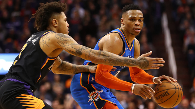 Dec 28, 2018; Phoenix, AZ, USA; Oklahoma City Thunder guard Russell Westbrook (right) drives to the basket against Phoenix Suns forward Kelly Oubre Jr. in the second half at Talking Stick Resort Arena. Photo Credit: Mark J. Rebilas-USA TODAY Sports