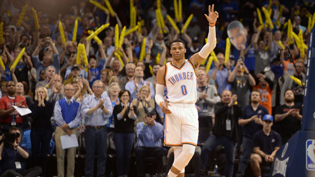 Apr 4, 2017; Oklahoma City, OK, USA; Oklahoma City Thunder guard Russell Westbrook (0) reacts as it announced that he has tied the season triple double record in action against the Milwaukee Bucks at Chesapeake Energy Arena. Photo Credit: Mark D. Smith-USA TODAY Sports