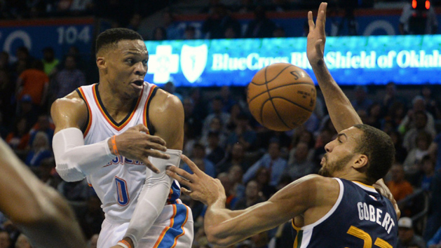 Feb 28, 2017; Oklahoma City, OK, USA; Oklahoma City Thunder guard Russell Westbrook (0) passes the ball behind Utah Jazz center Rudy Gobert (27) during the second quarter at Chesapeake Energy Arena. Photo Credit: Mark D. Smith-USA TODAY Sports