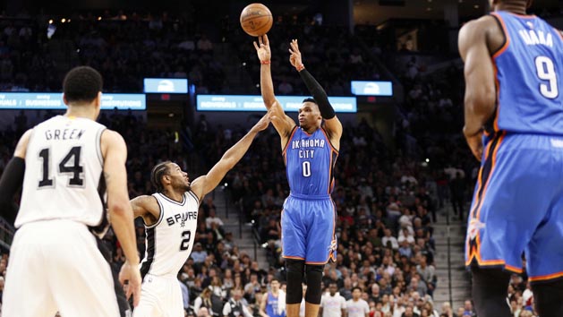 May 2, 2016; San Antonio, TX, USA; Oklahoma City Thunder point guard Russell Westbrook (0) shoots the ball over San Antonio Spurs small forward Kawhi Leonard (2) in game two of the second round of the NBA Playoffs at AT&T Center. Mandatory Credit: Soobum Im-USA TODAY Sports