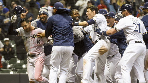Apr 3, 2018; Milwaukee, WI, USA; Milwaukee Brewers left fielder Ryan Braun (8) celebrates after hitting a walk-off game-winning home run in the ninth inning against the St. Louis Cardinals at Miller Park. Photo Credit: Benny Sieu-USA TODAY Sports