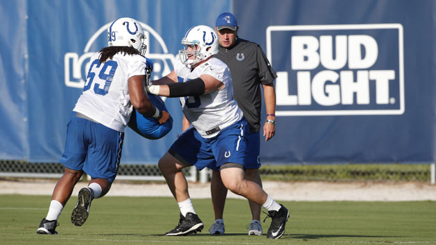 Jul 31, 2017; Indianapolis, IN, USA; Indianapolis Colts center Ryan Kelly (78) and offensive guard Deyshawn Bond (69) go through blocking drills during training camp at the Indiana Farm Bureau Center. Photo Credit: Brian Spurlock-USA TODAY Sports