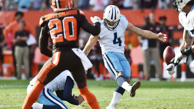 Oct 22, 2017; Cleveland, OH, USA; Tennessee Titans kicker Ryan Succop (4) kicks the game-winning field goal in overtime against the Cleveland Browns at FirstEnergy Stadium. Photo Credit: Ken Blaze-USA TODAY Sports