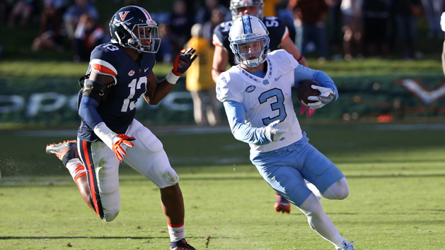 Oct 22, 2016; Charlottesville, VA, USA; North Carolina Tar Heels wide receiver Ryan Switzer (3) runs with the ball as Virginia Cavaliers linebacker Chris Peace (13) chases in the third quarter at Scott Stadium. Photo Credit: Amber Searls-USA TODAY Sports