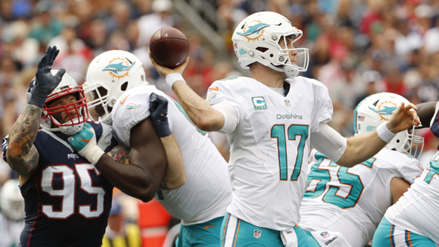 Sep 18, 2016; Foxborough, MA, USA; Miami Dolphins quarterback Ryan Tannehill (17) throws a pass against the New England Patriots in the second quarter at Gillette Stadium. Photo Credit: David Butler II-USA TODAY Sports