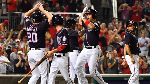 Sep 17, 2017; Washington, DC, USA; Washington Nationals first baseman Ryan Zimmerman (11) celebrates with teammates after hitting a three run homer against the Los Angeles Dodgers during the sixth inning at Nationals Park. Photo Credit: Brad Mills-USA TODAY Sports