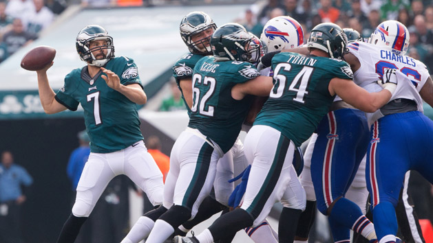 Dec 13, 2015; Philadelphia, PA, USA; Philadelphia Eagles quarterback Sam Bradford (7) throws the ball against the Buffalo Bills during the first quarter at Lincoln Financial Field. Mandatory Credit: Bill Streicher-USA TODAY Sports