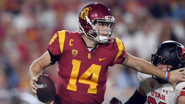 Oct 14, 2017; Los Angeles, CA, USA; Southern California Trojans quarterback Sam Darnold (14) is pressured by Utah Utes defensive tackle Lowell Lotulelei (93) during an NCAA football game at Los Angeles Memorial Coliseum. Photo Credit: Kirby Lee-USA TODAY Sports