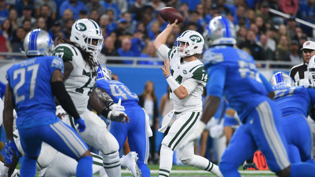 Sep 10, 2018; Detroit, MI, USA; New York Jets quarterback Sam Darnold (14) drops back to pass during the first quarter against the Detroit Lions at Ford Field. Photo Credit: Tim Fuller-USA TODAY Sports