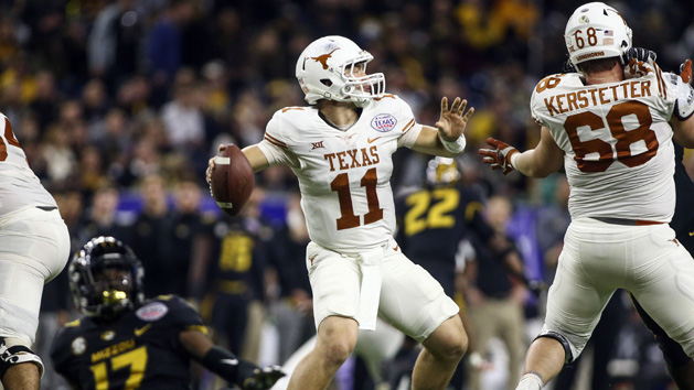 Dec 27, 2017; Houston, TX, USA; Texas Longhorns quarterback Sam Ehlinger (11) throws the ball during the second half against the Missouri Tigers in the 2017 Texas Bowl at NRG Stadium. Photo Credit: Troy Taormina-USA TODAY Sports