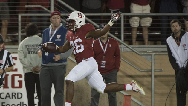 October 3, 2015; Stanford, CA, USA; Stanford Cardinal running back Barry Sanders (26) scores a touchdown against the Arizona Wildcats during the third quarter at Stanford Stadium. Stanford defeated Arizona 55-17. Mandatory Credit: Kyle Terada-USA TODAY Sports