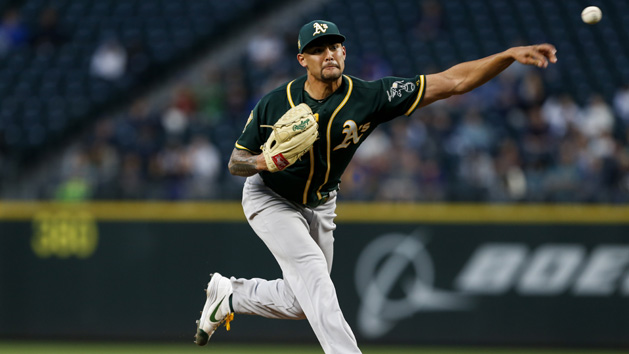 Sean Manaea (55) throws against the Seattle Mariners during the fourth inning at Safeco Field. Photo Credit: Joe Nicholson-USA TODAY Sports