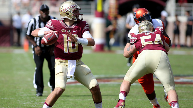 Oct 31, 2015; Tallahassee, FL, USA; Florida State quarterback Sean Mcguire (10) looks to throw against the Syracuse Orange at Doak Campbell Stadium. Florida State won 45-21. Mandatory Credit: Glenn Beil-USA TODAY Sports