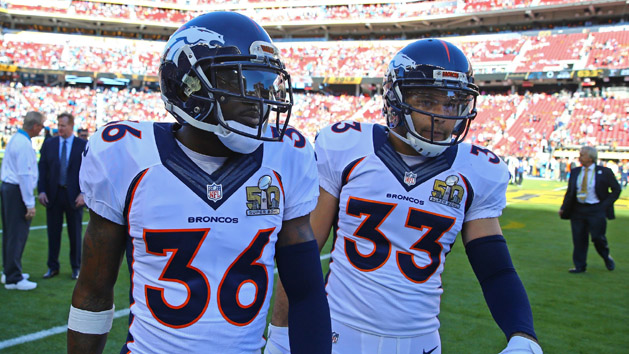 Feb 7, 2016; Santa Clara, CA, USA; Denver Broncos cornerback Kayvon Webster (36) and safety Shiloh Keo (33) against the Carolina Panthers in Super Bowl 50 at Levi's Stadium. Photo Credit: Mark J. Rebilas-USA TODAY Sports