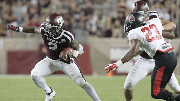 Sep 12, 2015; College Station, TX, USA; Texas A&M Aggies wide receiver Speedy Noil (2) rushes against Ball State Cardinals corner back Marc Walton (23) in the second half at Kyle Field. Aggies won 56 to 23. Mandatory Credit: Thomas B. Shea-USA TODAY Sports