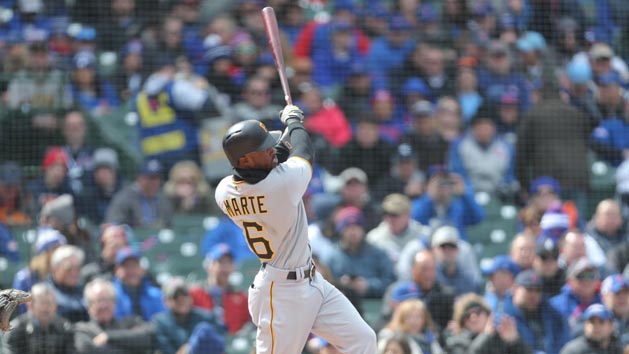 Apr 10, 2018; Chicago, IL, USA; Pittsburgh Pirates center fielder Starling Marte (6) hits a solo home run during the fourth inning against the Chicago Cubs at Wrigley Field. Photo Credit: Dennis Wierzbicki-USA TODAY Sports
