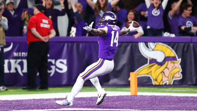 Jan 14, 2018; Minneapolis, MN, USA; Minnesota Vikings wide receiver Stefon Diggs celebrates as he scores the game winning touchdown against the New Orleans Saints at U.S. Bank Stadium. Photo Credit: Mark J. Rebilas-USA TODAY Sports